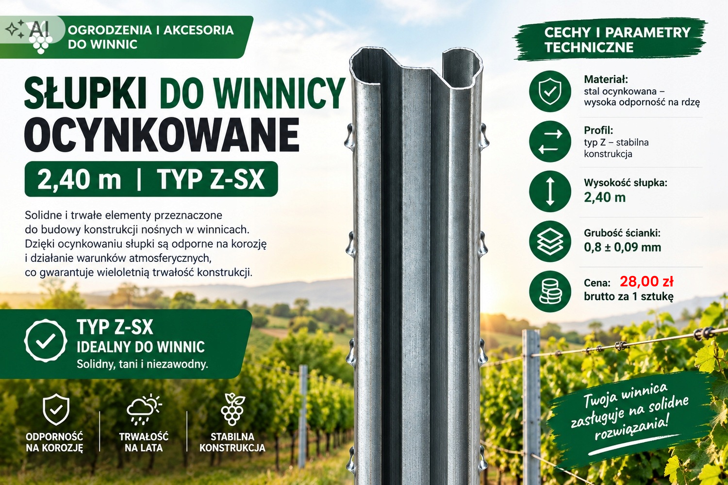 Słupki do winnicy Z-SX 2,40 m
